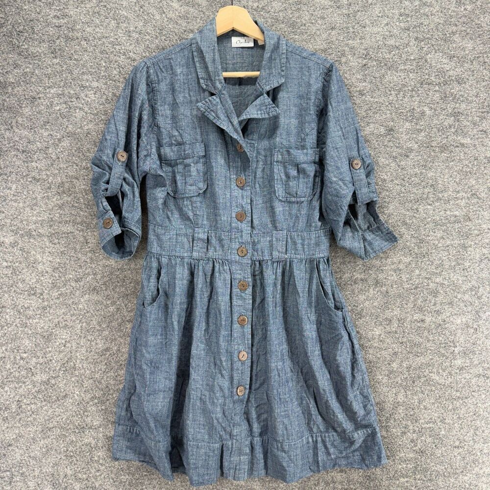 Chesley Shirt Dress Women L Large Blue Midi Button Up Collared 3/4 Sleeve Cotton